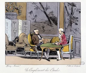 Studiernes komplement: to mænd, der diskuterer i en stue - i “” Tidligere og i dag”” af Henri Monnier, red. Delpech