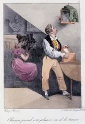 Mand, der opdrætter fugle, mens hans kone snyder ham: "" Alle tager hans fornøjelse, eller han finder ham"" - i "" Les pastemps"" af Henry Monnier, red. Delpech, Paris, v.1830