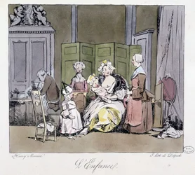 Vådsygeplejerske, tjenere, baby og barn i 1700-tallets aristokrati - i "" Forhen og i dag" af Henri Monnier, red. Delpech, Paris