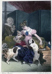 Ung pige med hunde: "" Alle tager sin fornøjelse, hvor han finder ham"" - i "" Les pastemps"" af Henri Monnier, red. Delpech, Paris