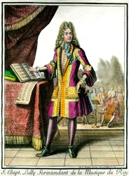 Portræt i foden af Jean Baptiste Lully (Giovanni Battista Lulli) (1632-1687) Inspektør for Kongens Musik Indgravering af Henri Bonnart (1642-1711)
