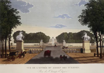 Indgang til Tuileriernes haveudsigt over Champs-Elysées, omkring 1820 - i "" Vues de Paris"" af Courvoisier