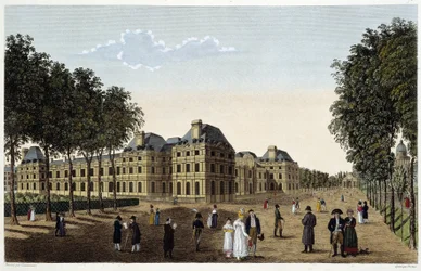 Have og Palais du Luxembourg set fra terrassen på det lille Luxembourg. Stik af Courvoisier