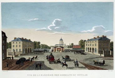 Gobelinerne eller den italienske barriere, omkring 1820 - i ""Views of Paris"" af Courvoisier