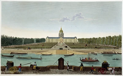 Udsigt over Champ de Mars og Hôtel des Invalides taget på den anden side af Seinen (Cours la Reine) - i "" Vues de Paris"" af Courvoisier