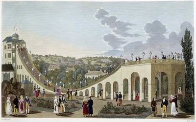 Udsigt over bjergene i Belleville, omkring 1820 - i "" Vues de Paris"" af Courvoisier