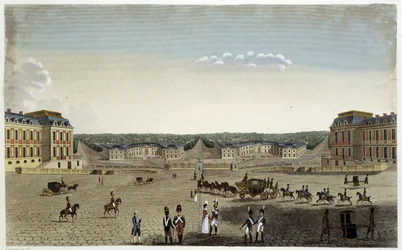 Udsigt over kongens store og små stalde i Versailles - i "" Vues de Paris"" af Courvoisier
