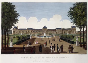 Udsigt over paladset og Tuileriernes have - i "" Vues de Paris"" af Courvoisier