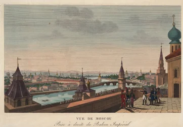 Udsigt over Moskva fra balkonen på det kejserlige palads, Rusland"" (Udsigt over Moskva taget fra balkonen på det kejserlige palads) Gravering af Henri Courvoisier-Voisin (1757-1830) - 1812 Dim 40,7x55,6 cm Privat samling