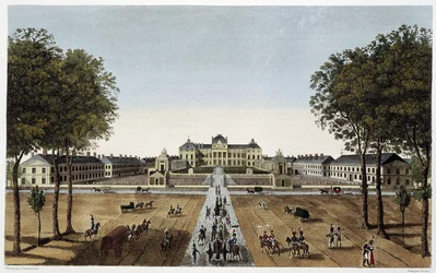 Udsigt over Den Kongelige Militærskole, udsigt fra Avenue Vaugirard, ca. 1820 - i ""Views of Paris"" af Courvoisier