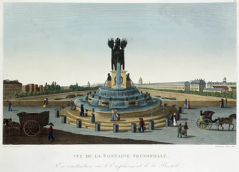 Udsigt over triumffontænen ved Bastillen - i "" Views of Paris"" af Courvoisier
