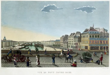 Udsigt over Notre-Dame-broen - i "" Views of Paris"" af Courvoisier