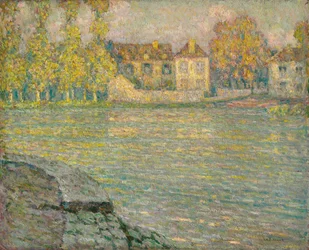 Huse ved floden ved solnedgang, Moret; Huse ved floden ved solnedgang, Moret
