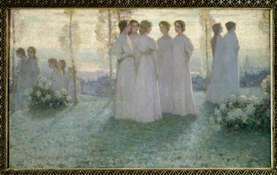 I søndags taler kvinde klædt i hvidt i en have - Maleri af Henri Eugene (Henri-Eugene) Le Sidaner (1862-1939)