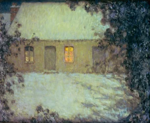 Stråtækt sommerhus under sneen (olie på lærred)