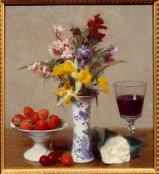 Stilleben kaldet forlovelsen Et glas rødvin, en buket melange, kirsebær og jordbær. Maleri af Henri Fantin Latour (Fantin-Latour) (1836-1904) 1869 søn. 0,32x0,29 m Grenoble, musee des Beaux Arts