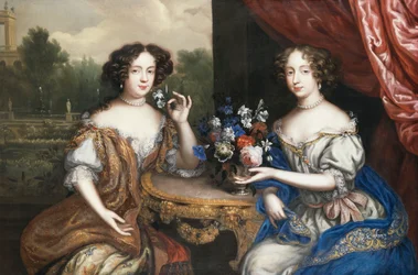 Et dobbeltportræt af Lady Maria Somalia og Lady Anne Barrington, siddende i trekvart længde ved et bord med en vase med blomster,