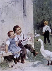Uddannelse: børn læser og gås ser på dem - syg. af Geoffroy, i "" Figaro Illustré""", maj 1901