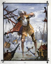 Lemuel Gulliver i centrum af et søslag mellem skibene Lilliput og Blefuscu. Illustration til "" Gulliver