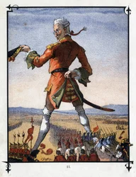 Lemuel Gulliver kommanderer Lilliputians hær. Illustration til "" Gulliver