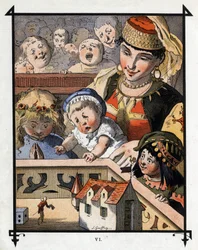 Lemuel Gulliver i giganternes land i Brobdingnag er en kuriositet for børn. Illustration til "" Gulliver