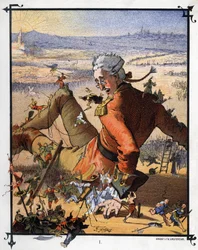 Lemuel Gulliver bliver bundet af lilliputterne. Illustration til „Gullivers rejser“ af Jonathan Swift (1667-1745)