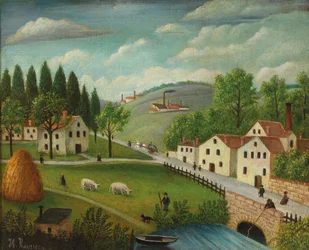 Pastoralt landskab med å, fisker og klapvogne, ca 1877-1880.