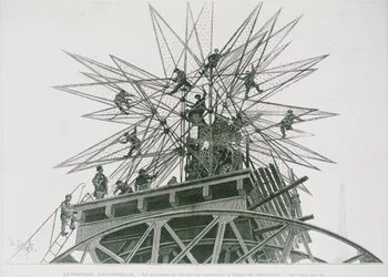 Universel udstilling af 1900: Installation af stjernen på toppen af Palace of Electricity (gravering)