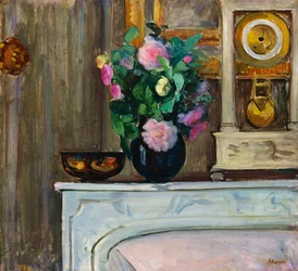 Buket blomster på pejsen, 1920