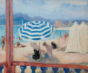Stokke, blå parasol og telte; Stokke, blå parasol og telte,