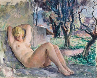Liggende nøgen i en have, ca. 1934