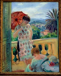 To kvinder på en balkon eller på balkonen med udsigt til Esterel. Maleri af Henri Lebasque (1865-1937) 1925-1926, olie på lærred, 92,5 × 65 cm. Lyon, musee des Beaux Arts - To kvinder på en balkon eller balkon med udsigt til Esterel. Maleri Henri Lebas