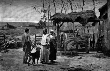 Bibelscene: "Jakob i Laban." Gravering efter maleriet af Henry Lerolle Henry (1848-1929). I ""The Illustrous World"" nr. 1192 af 31. januar