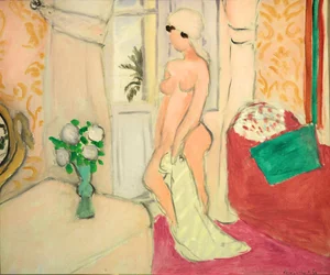 Pink nude eller Young girl with a vase of flowers, ca. 1920 (olie på lærred)