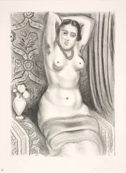 Siddende, kvindelig nøgenmodel med armene foldet bag ryggen (odalisque)