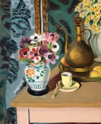 Stilleben, blomster og en kop