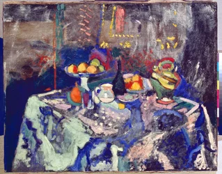 Vase, flaske og frugt, ca. 1906 (olie på lærred)