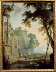 Landskab består: en kvinde, en gammel mand og et barn i et landskab af romerske ruiner med dam. Maleri af Henri Mauperche (1602-1688)