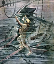 En dykker søger efter et vrag i La Havre havn, Frankrig, 1892