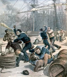 Slagsmål mellem engelske og tyske søfolk ved Millwall Docks, London, 1892
