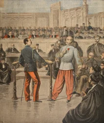 Oberst Henry og oberstløjtnant Picquart taler for Court of Assisses, illustration fra 