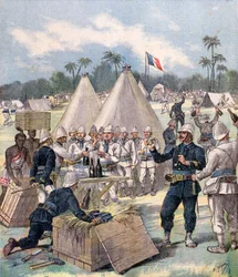 Franske soldater åbner nytårsgaveæsker i Dahomey, Afrika, 1892