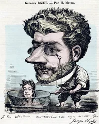 Georges Bizet (1838-1875), fransk komponist - karikatur, med autograf af Bizet, af Henri Meyer dit Reyem (1844-1899) for "" Diogene""
