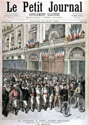 Start på folkemængden, der deltager i Paris - Belfort-løbet arrangeret af PetitJournal - i "" Le petit journal""" af 18/06/1892.
