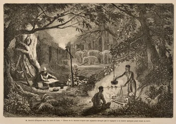 Henri Mouhot Camping i Laos jungler, illustration fra 