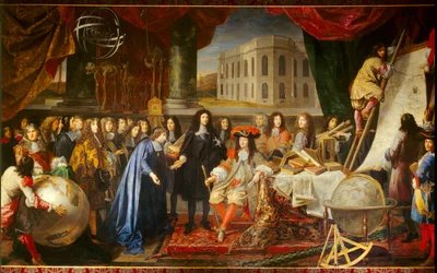 Colbert præsenterer medlemmerne af Royal Academy of Sciences for Louis XIV i 1667 (olie på lærred)