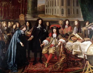 Jean-Baptiste Colbert præsenterer medlemmerne af det kongelige videnskabsakademi for Ludvig XIV, detalje, ca. 1667 (olie på lærred)