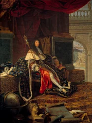 Portræt af Ludvig XIV (1638 - 1715) konge af Frankrig, beskytter af Det Kongelige Akademi for Maleri og Skulptur, med Charles V dit de Charlemagnes scepter. Maleri af Henri Testelin (1616-1695)