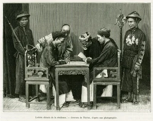 Kinesiske breve fra den franske residens i Hanoi. Gravering af Thiriat, efter et fotografi, for at illustrere historien Trente mois au Tonkin i 1884, af Doctor Hocquard, i le tour du monde 1889, instrueret af Edouard Charton (1807-1890), Hachette, Paris.