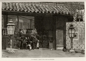 Kong Dong Khanh (1864-1889) Kejser af Annam, hjemme i den kejserlige by Hue (Vietnam). Gravering af Thiriat, for at illustrere historien "" Trente mois au Tonkin"" af Dr. Charles Edouard Hocquard (1853-1911), i 1885, i Le tour du monde, nouveau journal de